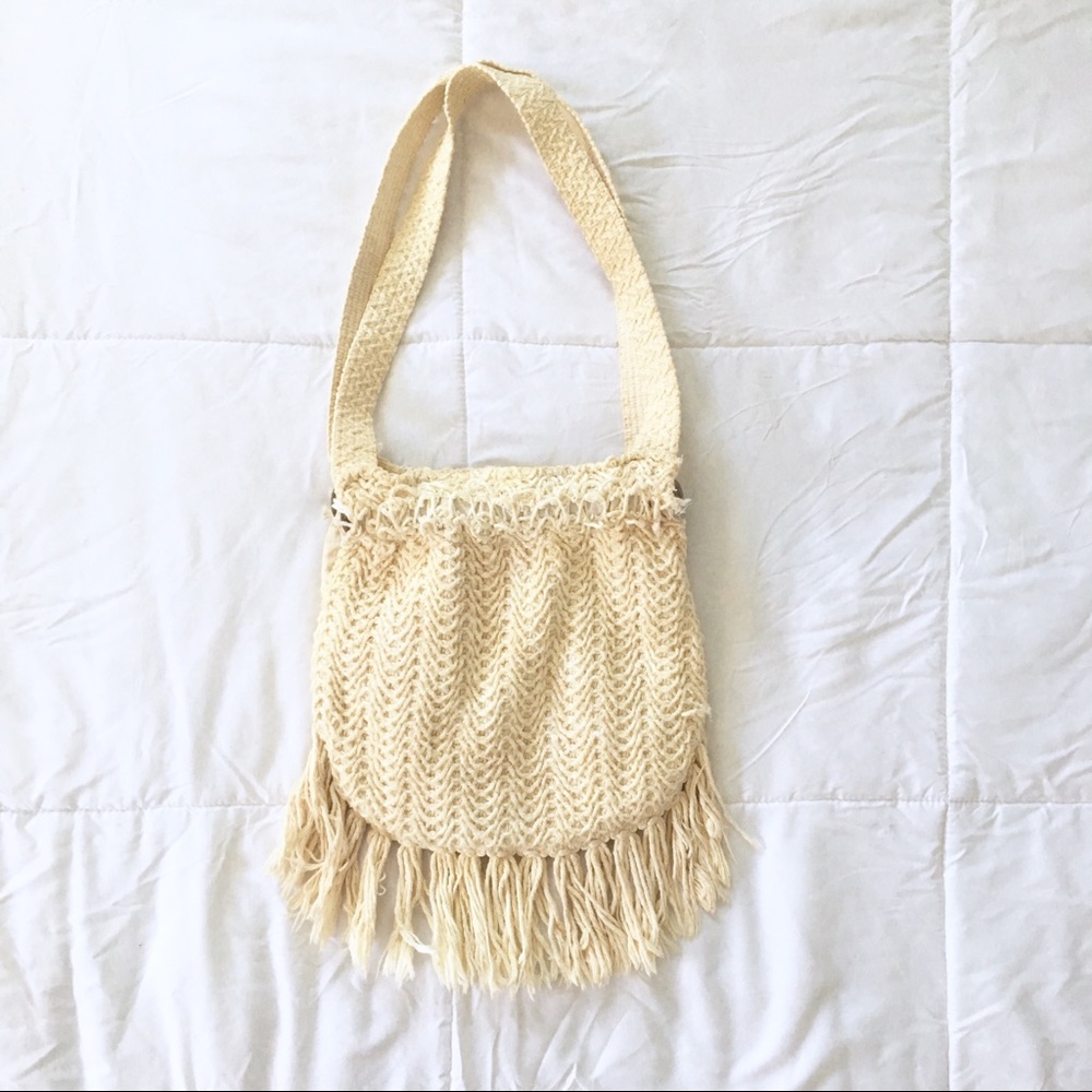 70s Vintage Knit Crochet Wooden Hobo Bag